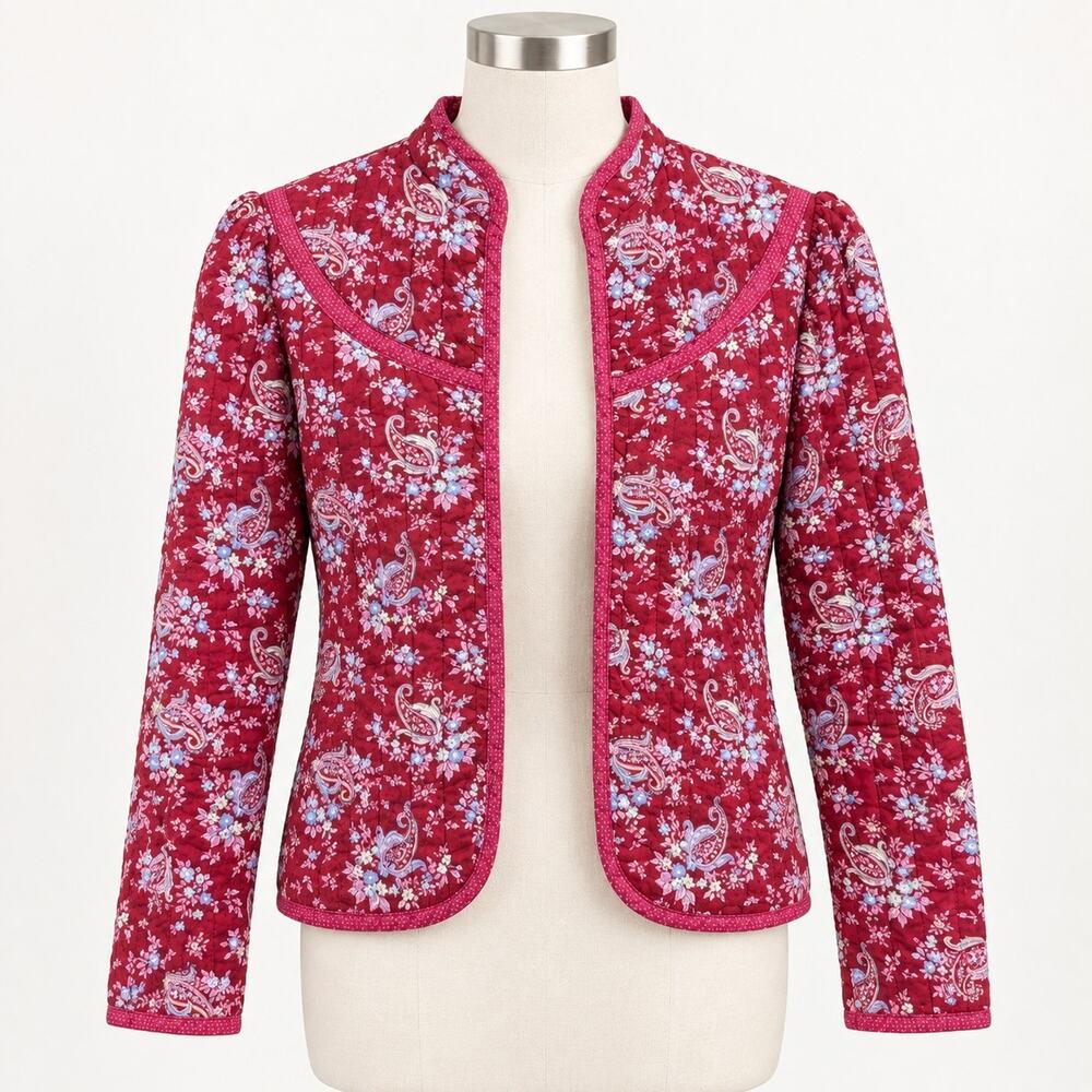 RII Floral Paisley Quilted Jacket Womens S Burgundy Open Front Boho Vintage
